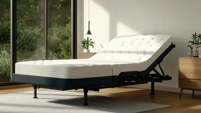 A modern adjustable bed with a white mattress and black frame, featuring an elevated headrest, set in a bright, sunlit bedroom with a large window overlooking a forest.